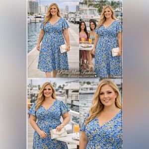 NWT Floral Blue Midi  Dress with floral Accents size 22 🌹🌸🌺 BC BAG 06